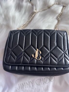 Jimmy Choo Black Quilted Leather Crossbody with Gold JC Logo
